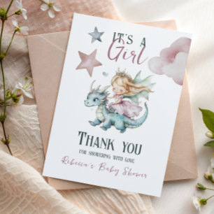 Märchen Traumhafter Drache Rosa Baby-Party Dankeskarte