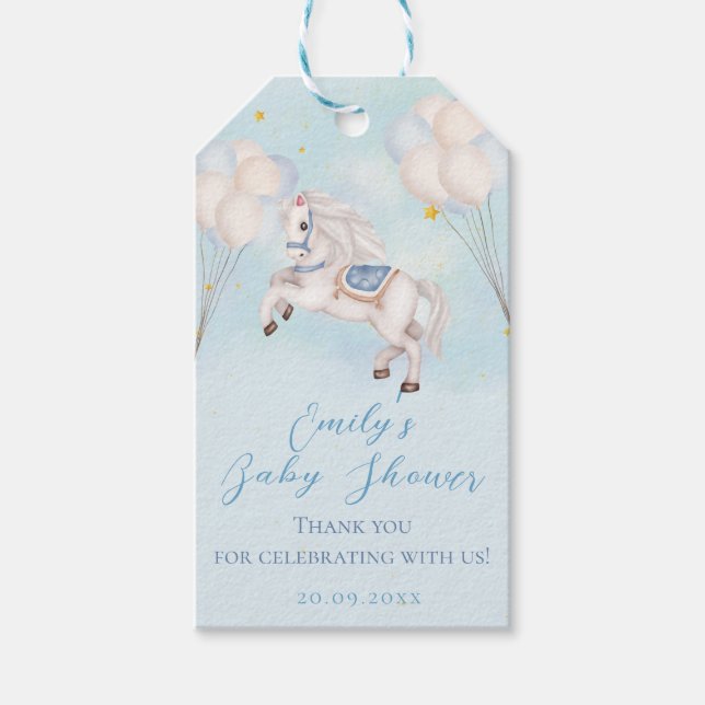 Märchenbaby Pony Blue Ballons Stars Dusche Geschenkanhänger (Vorderseite)