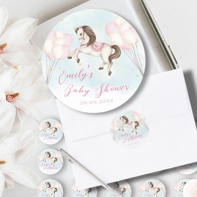 Märchenbaby Pony Rosa Ballons Stars Dusche Runder Aufkleber (Von Creator hochgeladen)