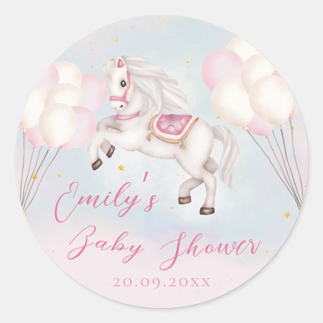 Märchenbaby Pony Rosa Ballons Stars Dusche Runder Aufkleber (Vorderseite)