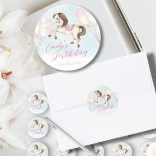 Märchenbaby Pony Rosa Ballons Stern Geburtstag Runder Aufkleber