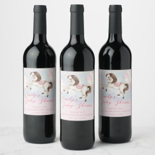 Märchenbaby Pony rosa Ballons Sterne Dusche Weinetikett