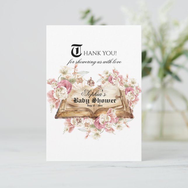 Märchenbuch Rosa Rose Baby Shower Dankeskarte (Stehend Vorderseite)