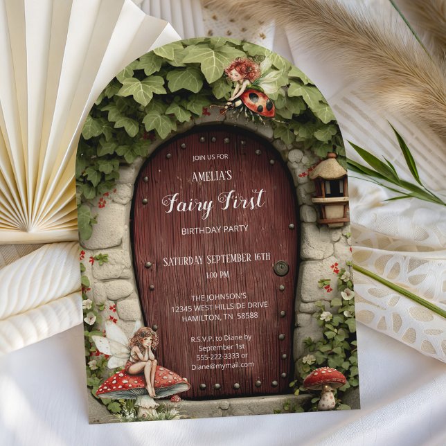 Märchenfee Erste Geburtstagsfeier Einladung (Mushroom and Fairy Door  Fairy First Birthday Party Invitation)