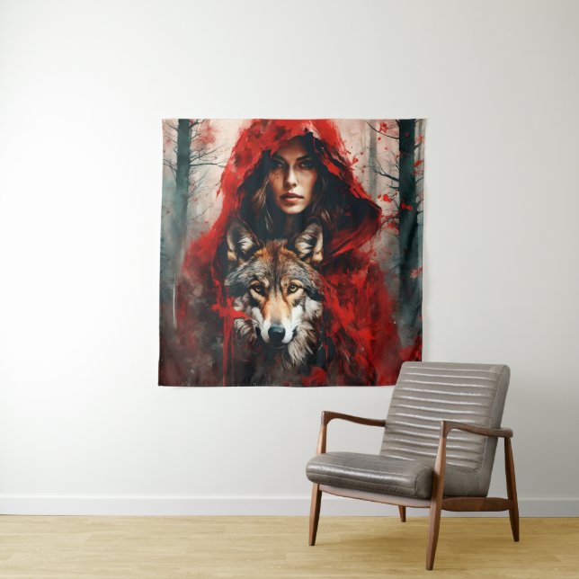 Märchenfrau und ein Wolf Wandteppich (Beispiel)