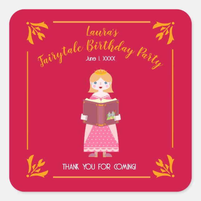 Märchengeschichten Girl's Birthday Party Quadratischer Aufkleber (Vorderseite)