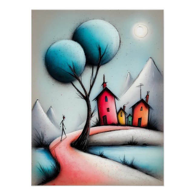Märchenhafte Cartoon Landschaft mit Weg und Häuser Poster (Vorderseite)