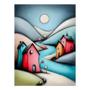 Märchenhafte Dorf Landschaft mit leuchtendem Mond Poster