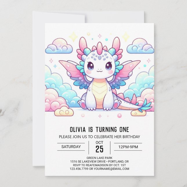 Märchenhafte Moderne Drache 1. Geburtstag Einladung (Vorderseite)