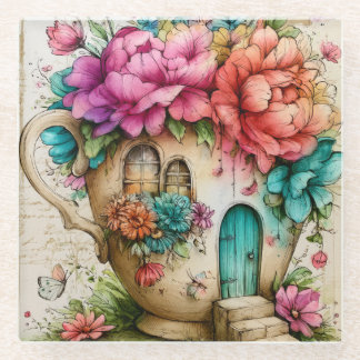 Märchenhafter Blumenteetassen-Cottage Glasuntersetzer