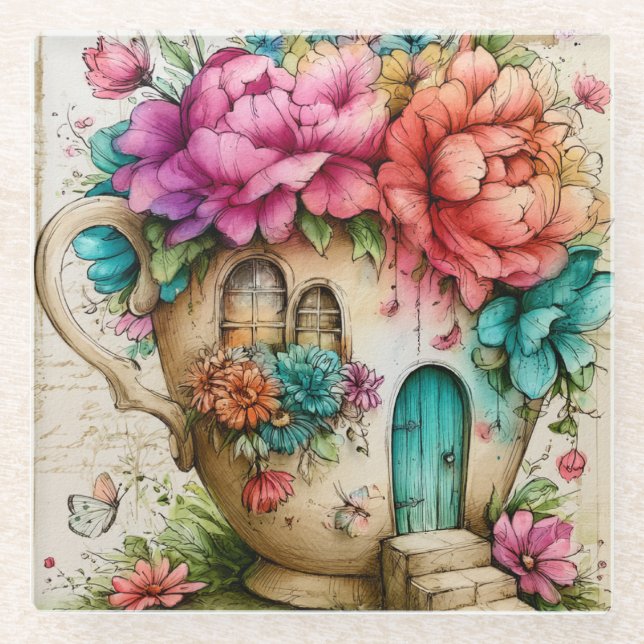 Märchenhafter Blumenteetassen-Cottage Glasuntersetzer (Vorderseite)