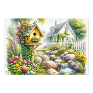 Märchenhafter Cottage-Garten-Vogelhaus-Bach Fotodruck