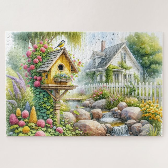 Märchenhafter Cottage-Garten-Vogelhaus-Bach Puzzle (Horizontal)