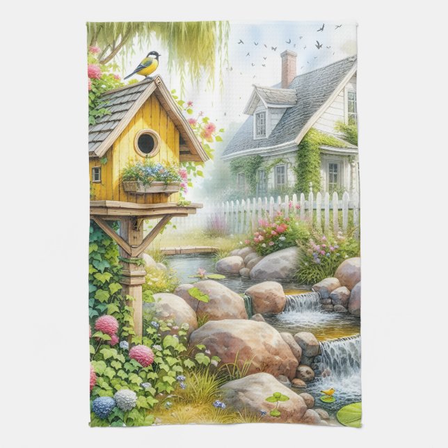 Märchenhafter Landhausgarten-Vogelhaus-Bach Geschirrtuch (Vertikal)