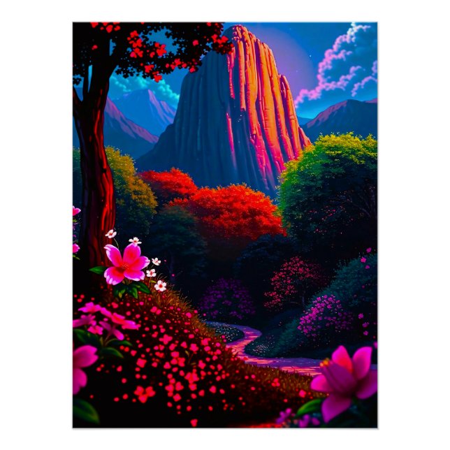 Märchenhafter Wanderpfad durch blühende Berglandsc Poster (Vorderseite)