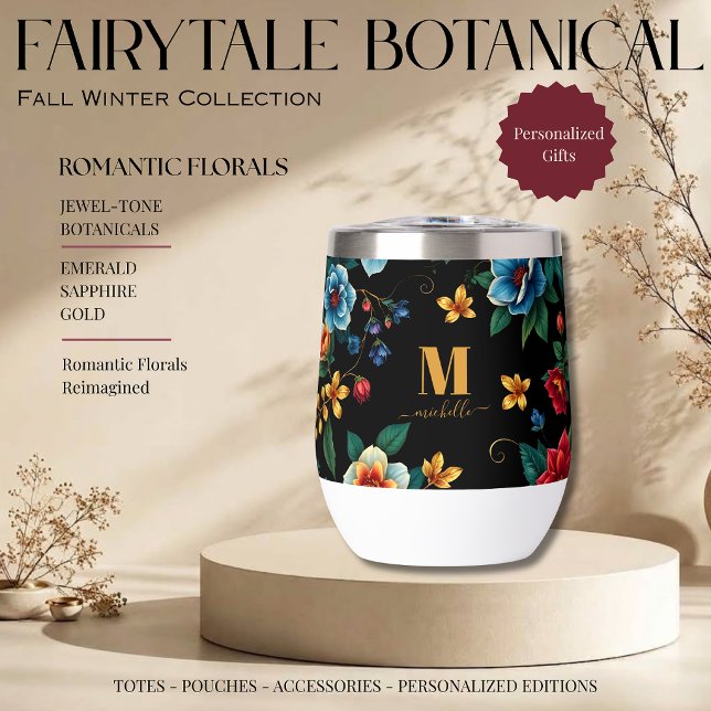 Märchenhaftes Botanisches Muster Monogramm Schrift (Fairytale Botanical Pattern Monogram Script Florals with Vines Jewel Tones Emerald Sapphire Gold )
