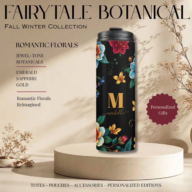 Märchenhaftes Botanisches Muster Monogramm Schrift Thermosbecher (Fairytale Botanical Pattern Monogram Script Florals with Vines Jewel Tones Emerald Sapphire Gold )