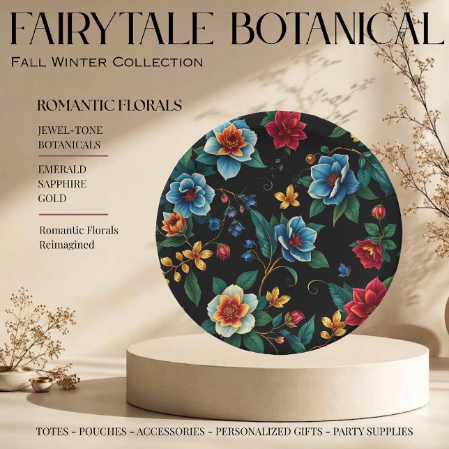 Märchenhaftes botanisches Muster  Pappteller (Fairytale Botanical Pattern Monogram Script Florals with Vines Jewel Tones Emerald Sapphire Gold )