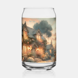 Märchenhaftes Cottage bei Sonnenuntergang mit Rose Dosenglas