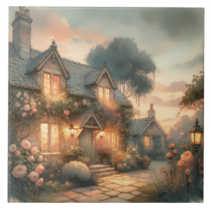 Märchenhaftes Cottage bei Sonnenuntergang mit Rose Fliese