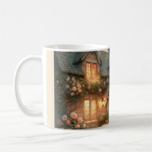 Märchenhaftes Cottage bei Sonnenuntergang mit Rose Kaffeetasse