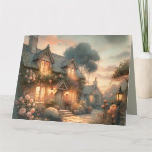 Märchenhaftes Cottage bei Sonnenuntergang mit Rose Karte
