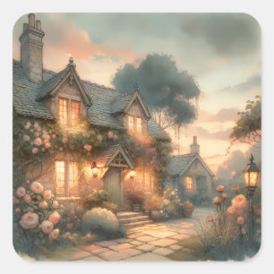 Märchenhaftes Cottage bei Sonnenuntergang mit Rose Quadratischer Aufkleber