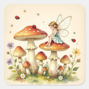 Märchenhaftes Cottage-Core-Vintage-Pilz-Motiv Quadratischer Aufkleber