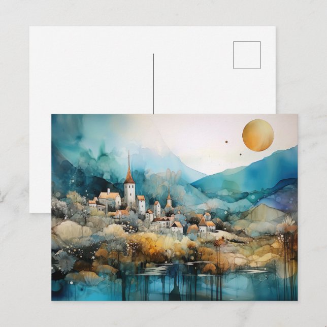 Märchenhaftes Dorf Wasserfarben Postkarte  (Vorne/Hinten)