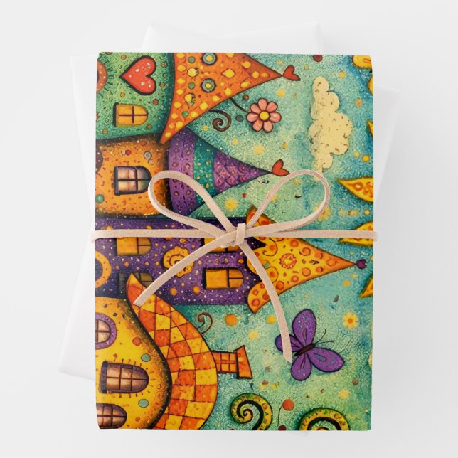Märchenhaftes Feendorf Farbige Leinwandkunst Geschenkpapier Set (Beispiel)