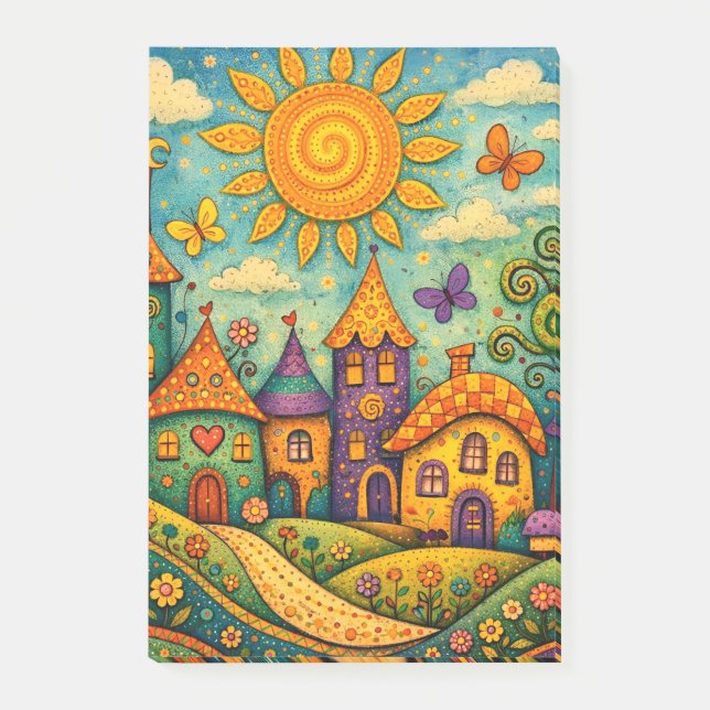 Märchenhaftes Feendorf Farbige Leinwandkunst Post-it Klebezettel (Vorderseite)
