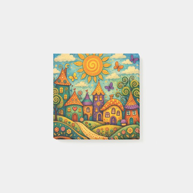 Märchenhaftes Feendorf - Farbige Leinwandkunst Post-it Klebezettel (Vorderseite)