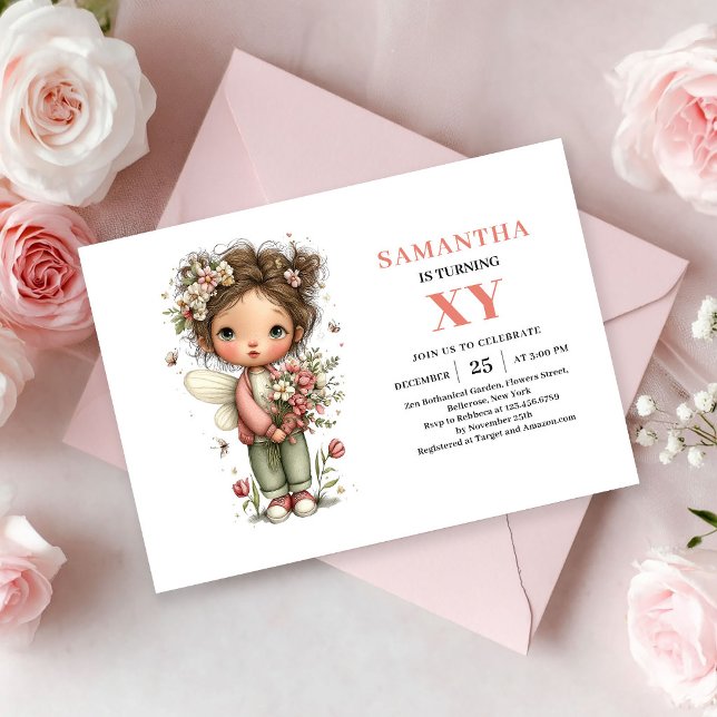 Märchenhaftes Mädchen 7. Geburtstag Whimsical Pink Einladung (Fairy Girl 7th Birthday Whimsical Pink Floral invitation)