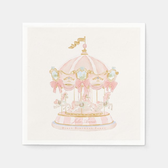 Märchenhaftes Rosa Mädchen Karussell Erste Geburts Serviette (Vorderseite)
