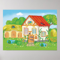 Märchenhaus mit rotem Cartoon und Patio