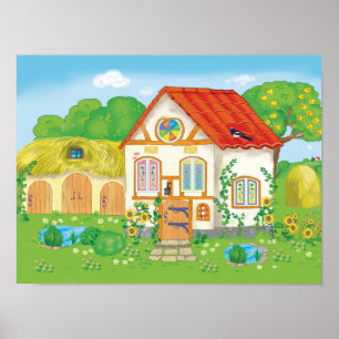 Märchenhaus mit rotem Cartoon und Patio Poster