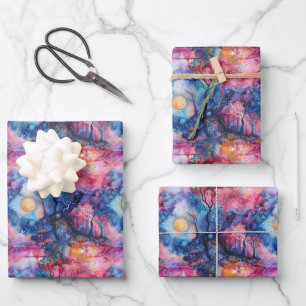 Märchenlandschaft Blau Pink Geschenkpapier Set