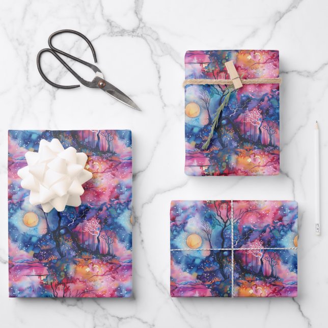 Märchenlandschaft Blau Pink Geschenkpapier Set (Vorderseite)