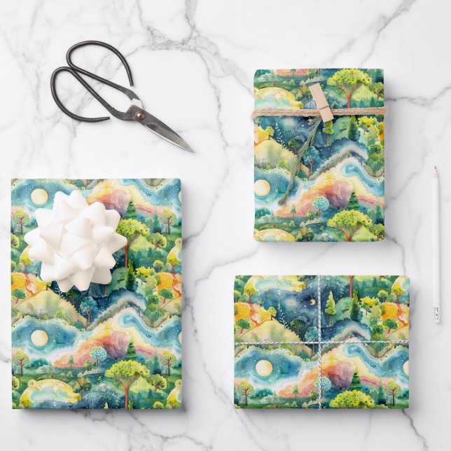 Märchenlandschaft Grün Orange Geschenkpapier Set (Vorderseite)