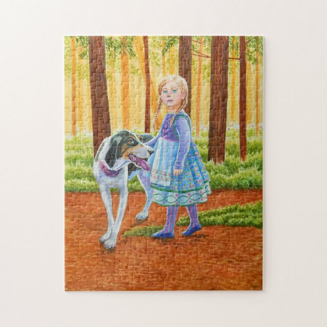 Märchenmädchen mit Hund im Wald Puzzle (Vertikal)