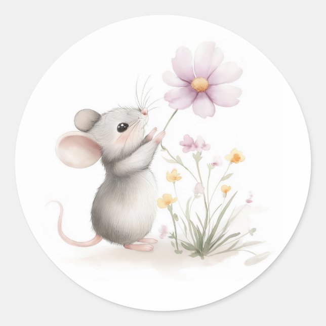 Märchenmaus pflückt rosa Wildblume Runder Aufkleber (Vorderseite)