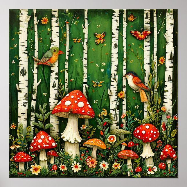 Märchenpilze und Vögel Enchanted Forest Poster (Vorne)