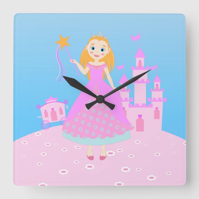 Märchenprinzessin in Pink-Birthaday-Party Quadratische Wanduhr (Vorderseite)