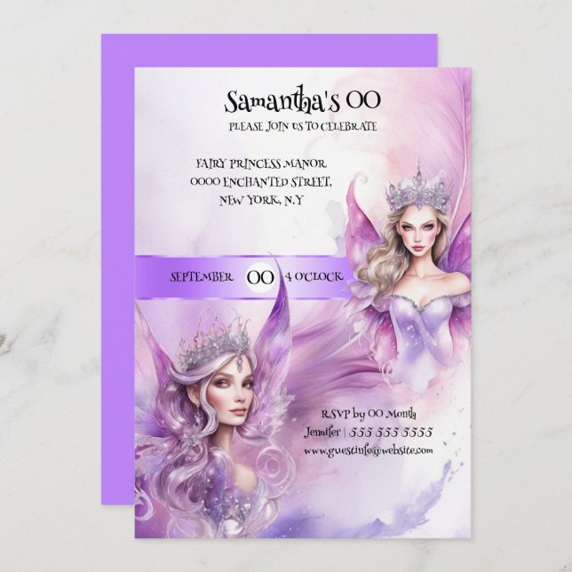 Märchenprinzessin mythisches lila Märchenthema Einladung (Vorne/Hinten)