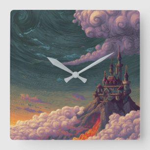 Märchenschloss auf einem Berg & Wirbelnde Wolken W Quadratische Wanduhr