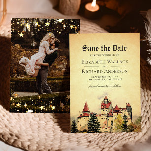 Märchenschloss-Hochzeitsfoto im Vintage-Look Save The Date