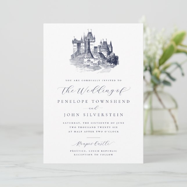 Märchenschloss-Illustrationsskript Hochzeit Einladung (Stehend Vorderseite)