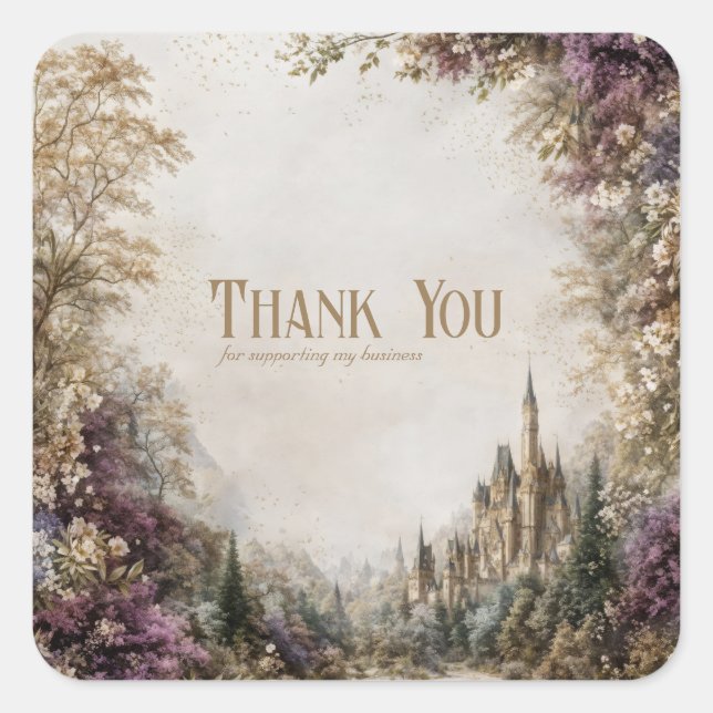 Märchenschloss Lila Blumen Vintage Wald Quadratischer Aufkleber (Vorderseite)