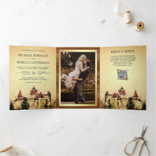 Märchenschloss Storybook QR-Code Hochzeit Dreifach Gefaltete Einladung