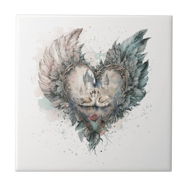 Märchenschwäne im Herzen der Feathered Fliese (Vorderseite)